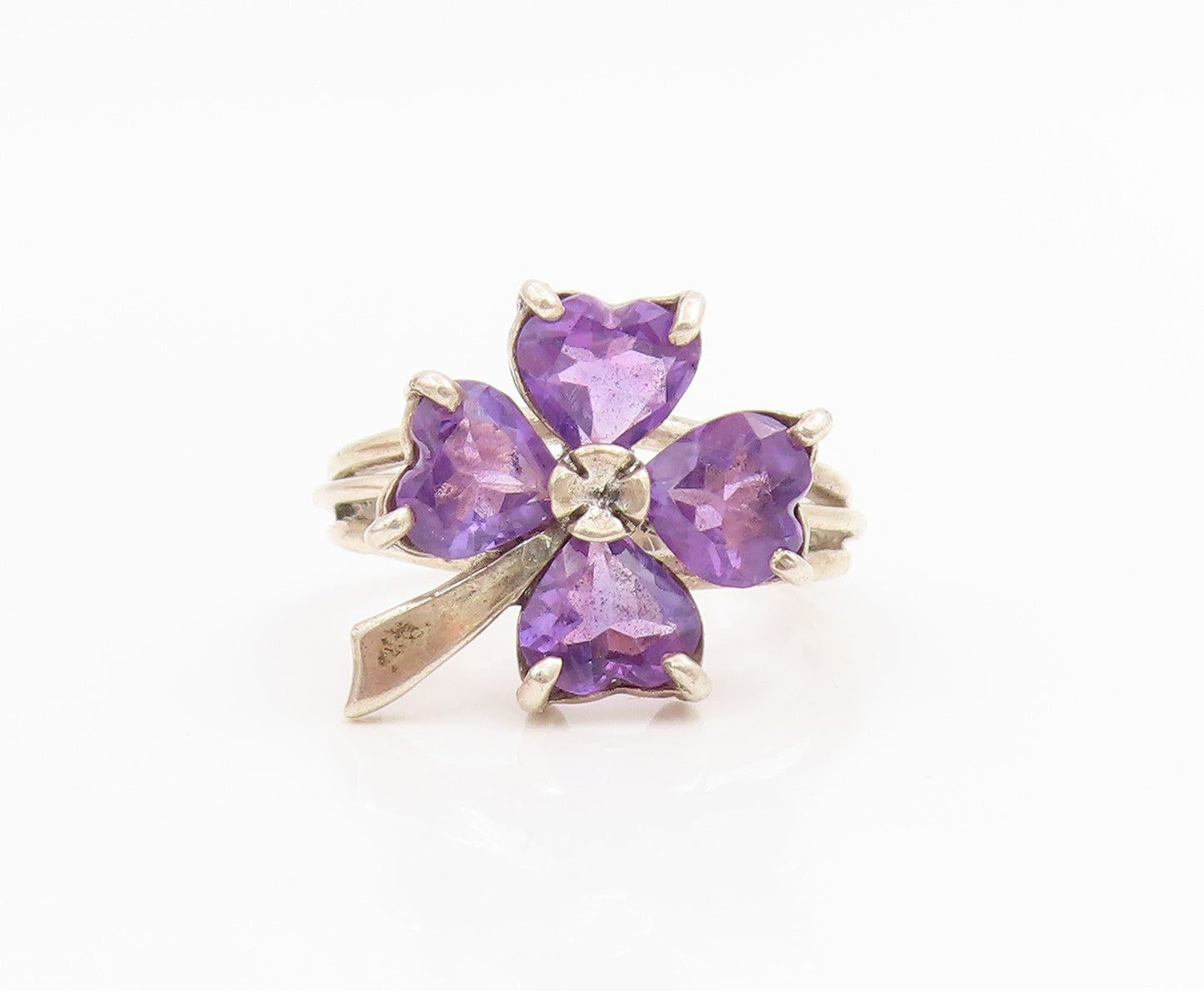 925 Sterling Silver Vintage Ring Amethyst Lucky Four Leaf Clover  Sz 7  RG34824