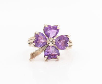 925 Sterling Silver Vintage Ring Amethyst Lucky Four Leaf Clover  Sz 7  RG34824