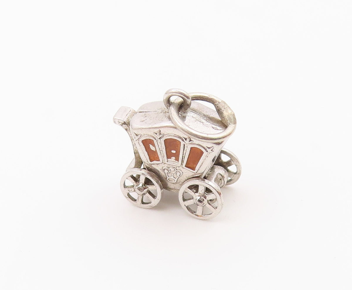925 Sterling Silver  Vintage Old Fashion Enamel Carriage Pendant  PT19869