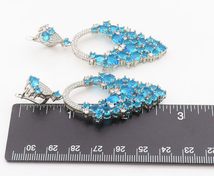 925 Sterling Silver Vintage Earrings Blue Topaz & CZ Cluster Clip On  EG13855