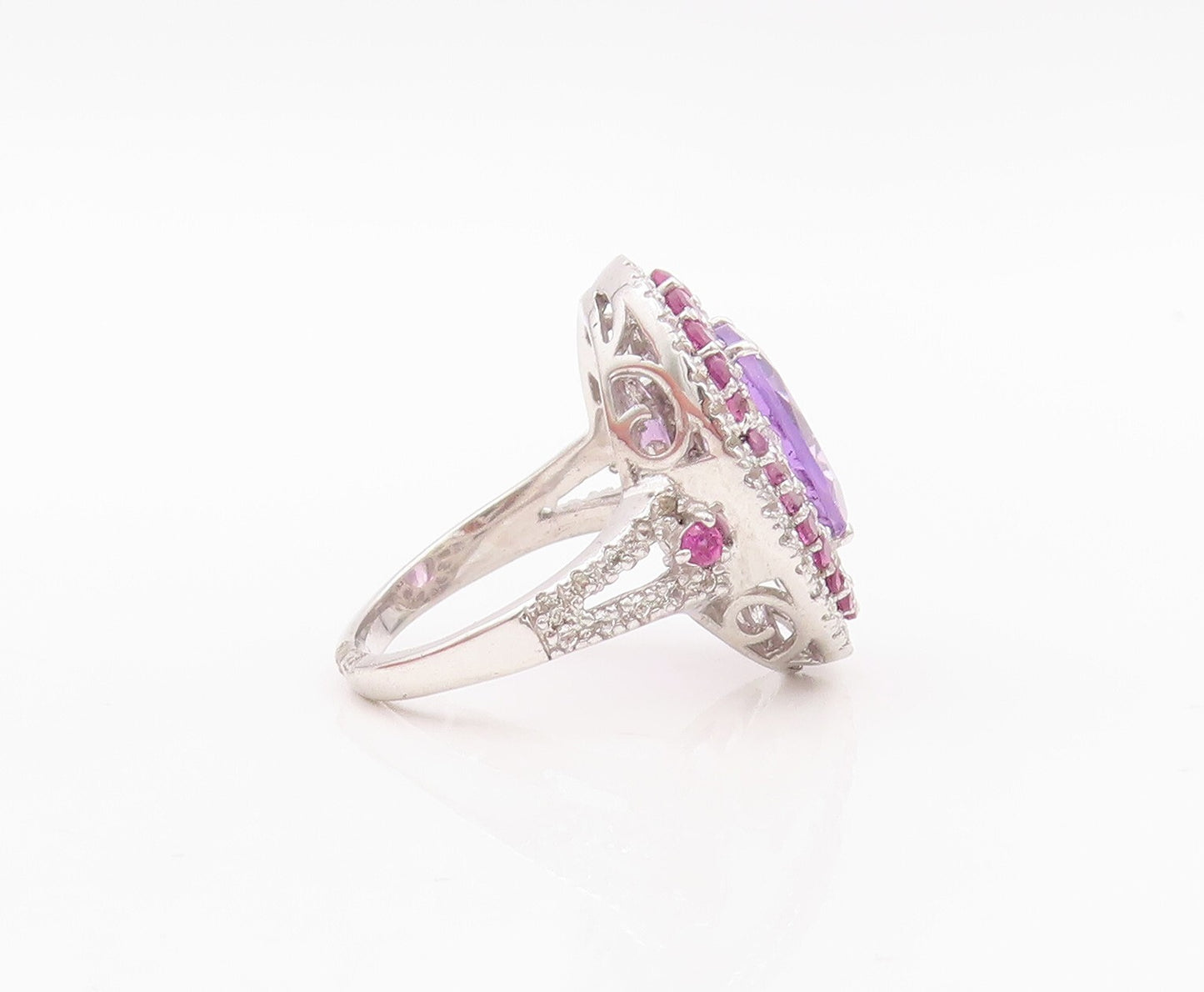 925 Sterling Silver Vintage Ring Oval Amethyst Halo 2 Tone CZ Bands Sz 7 RG30133