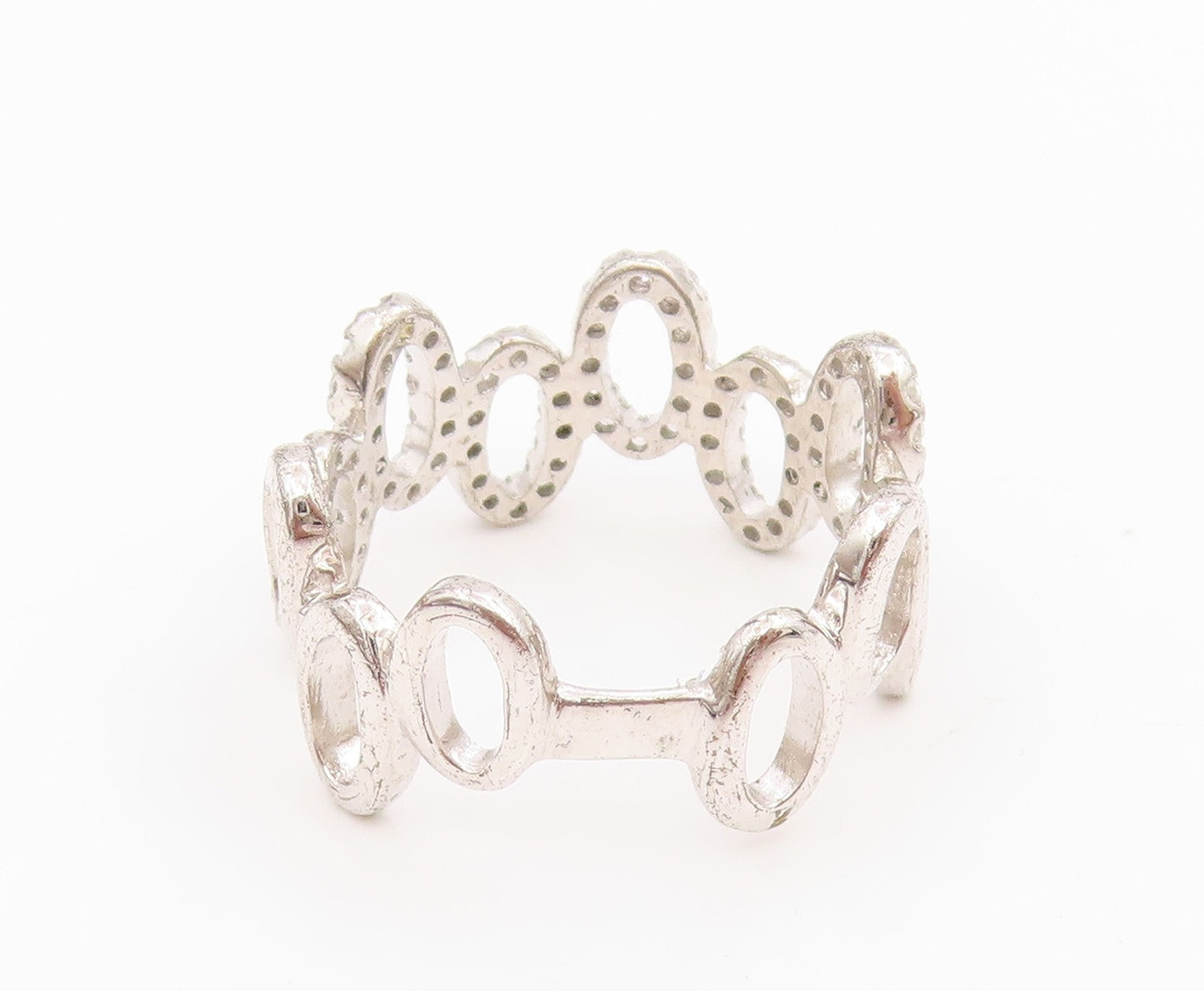 925 Sterling Silver Vintage Ring CZ Interlocking Wavy Oval Loop Sz 8 RG34468