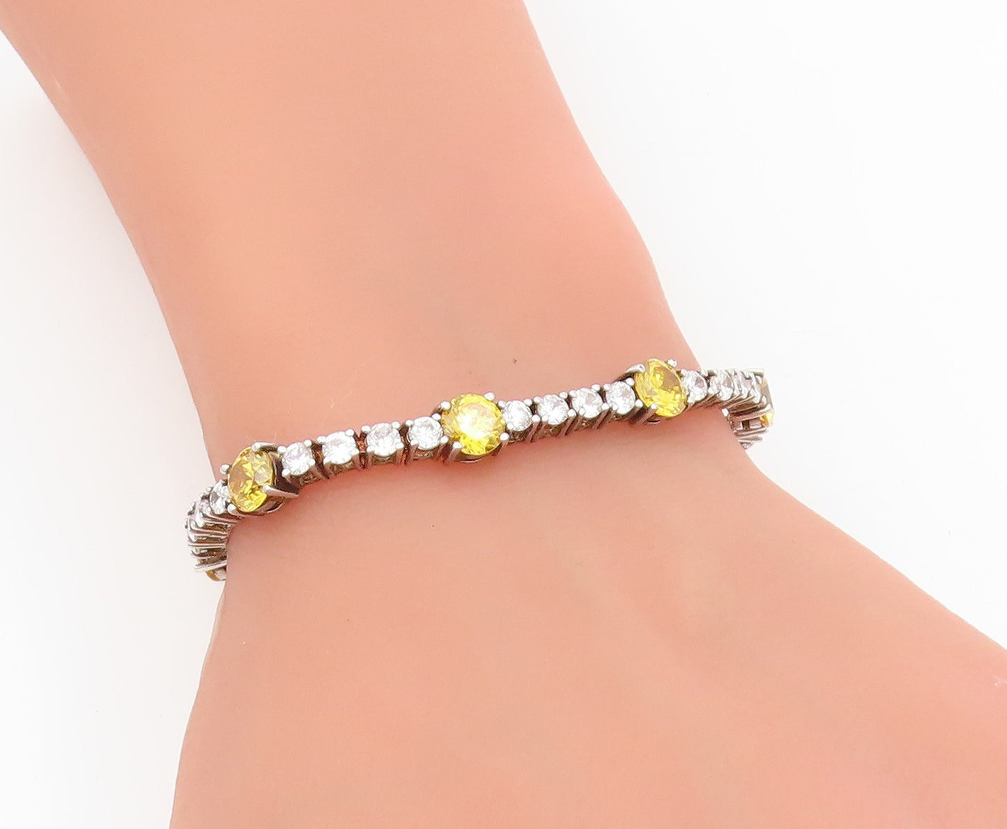 925 Sterling Silver Vintage Bracelet Round CZ Geometric Tennis Chain  BT11609