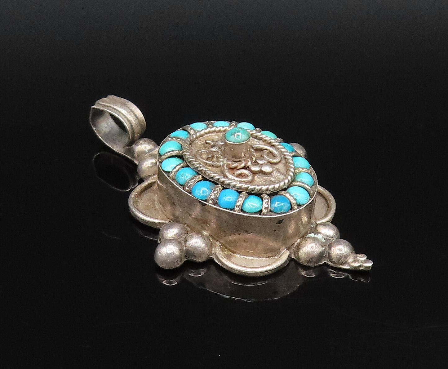 925 Sterling Silver Vintage Beaded & Rope Twist Multi Turquoise Pendant  PT21766