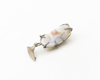 925 Sterling Silver  Vintage Modernist Dangling Agate Brooch Pin  BP7251