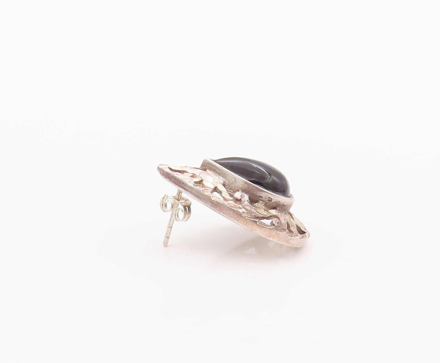 925 Sterling Silver Vintage Earrings Drop Shape Onyx Halo Swirly Carved  EG12958