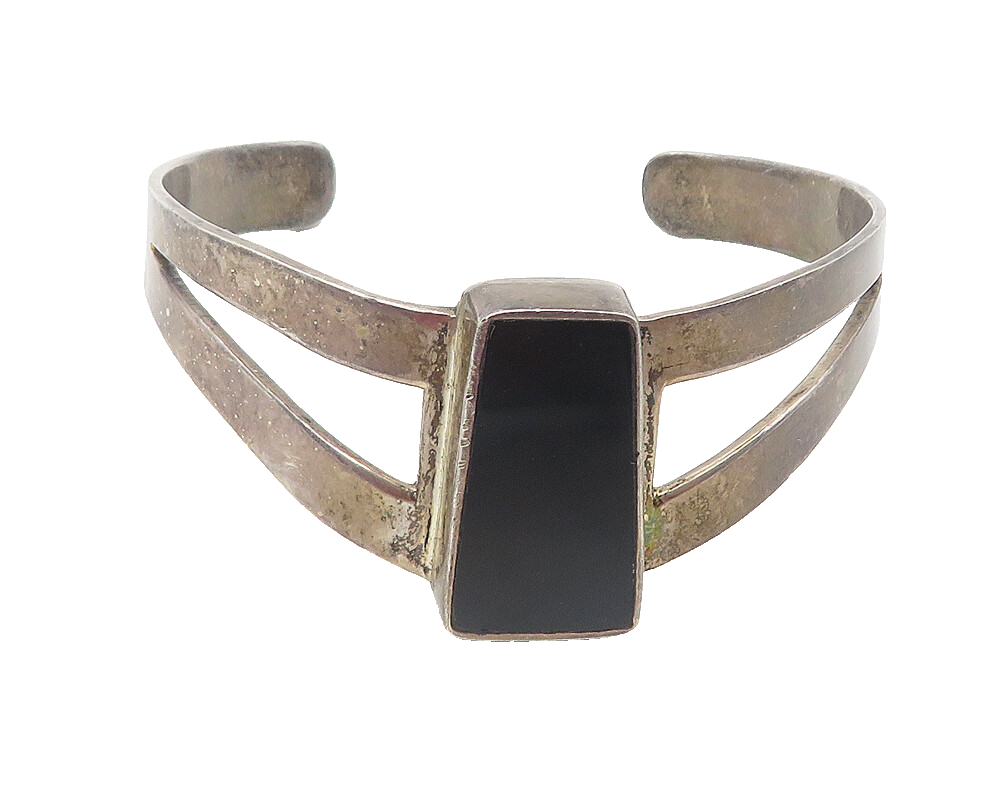 MEXICO 925 Silver  Vintage Black Onyx Cutout Dark Tone Cuff Bracelet  BT4629