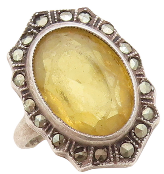925 Sterling Silver Vintage Ring Victorian Oval Citrine & Marcasite Sz 5 RG31661