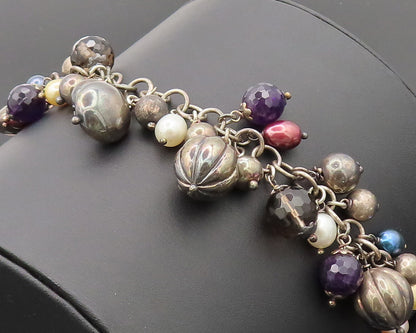 925 Sterling Silver Vintage Bracelet Sphere Cut Pearls Smokey Quartz  BT10255