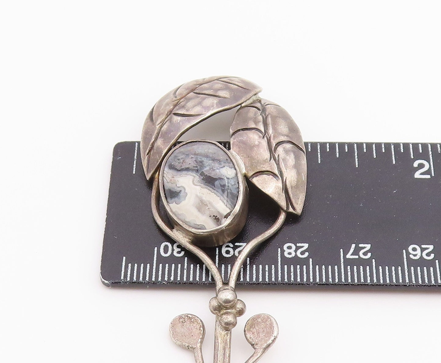 925 Sterling Silver Vintage Pendant Modernist Agate Etched Autumn Leaf  PT26538