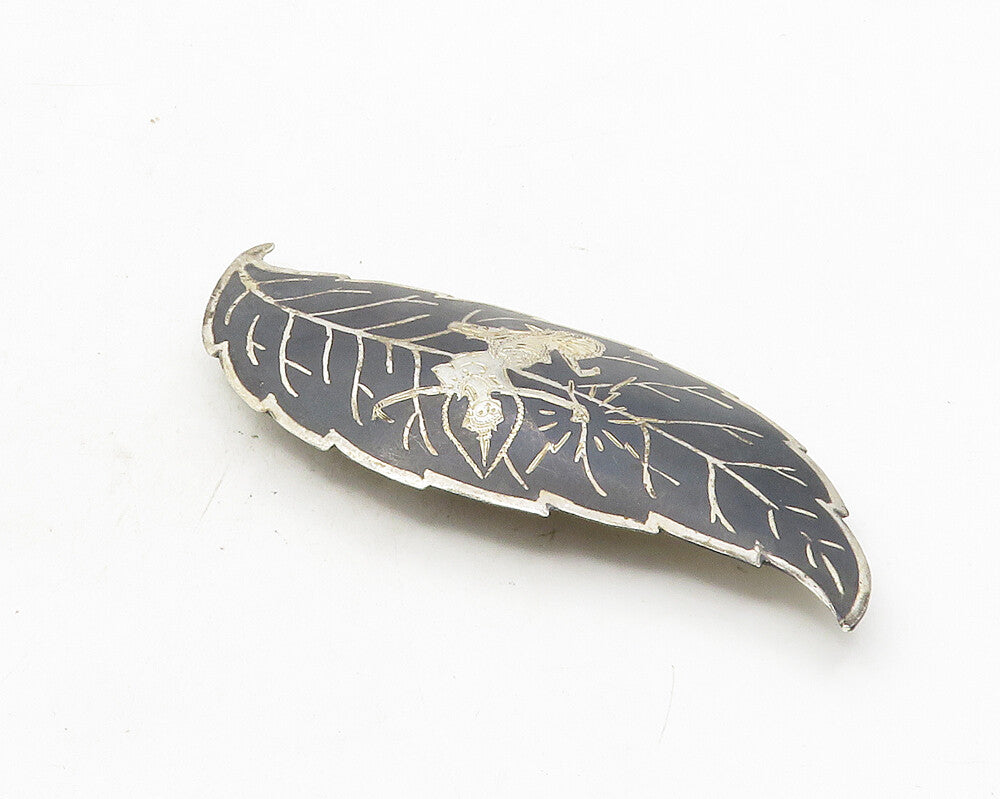SIAM 925 Sterling Silver  Vintage Enamel Niello Dancer Leaf Brooch Pin  BP4003