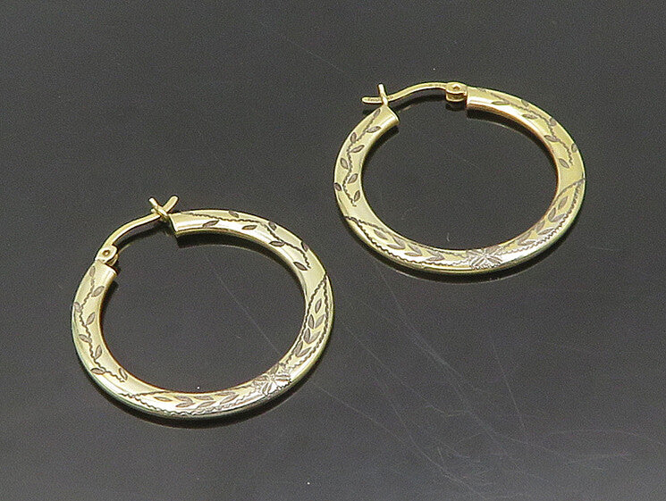 925 Sterling Silver Vintage Gold Plated Floral Vine Etched Hoop Earrings  EG9655