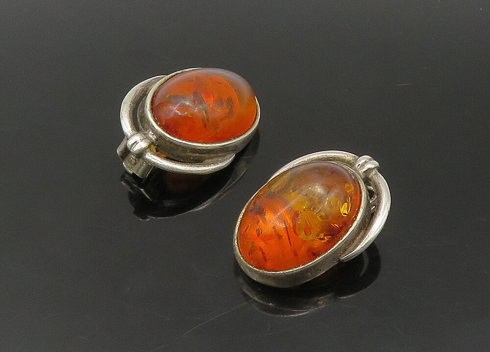 925 Sterling Silver   Vintage Cabochon Cut Amber Oval Drop Earrings  EG11289