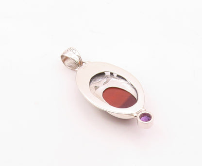 925 Sterling Silver  Vintage Red Tiger's Eye & Amethyst Floral Pendant PT16809