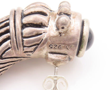 925 Sterling Silver Vintage Earrings Carved Antique Onyx Animal Tooth  EG12893