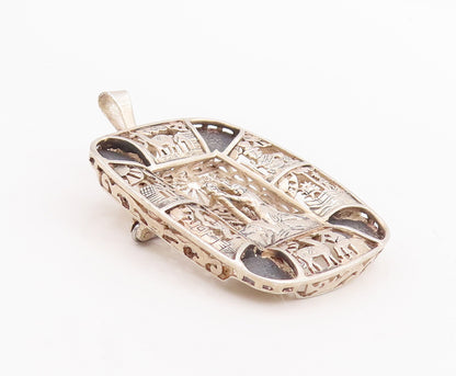925 Sterling Silver Vintage Brooch Pin Egyptian Tribal Life Carved   BP11106