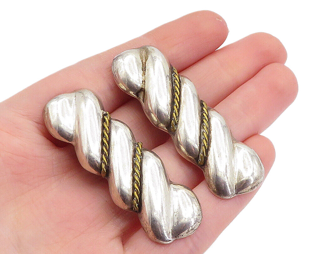 MEXICO 925 Silver  Vintage Two Tone Fluted Twist Non Pierce Earrings  EG2806