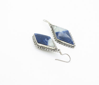 925 Sterling Silver  Vintage Sodalite Diamond Shape Dangle Earrings  EG3142