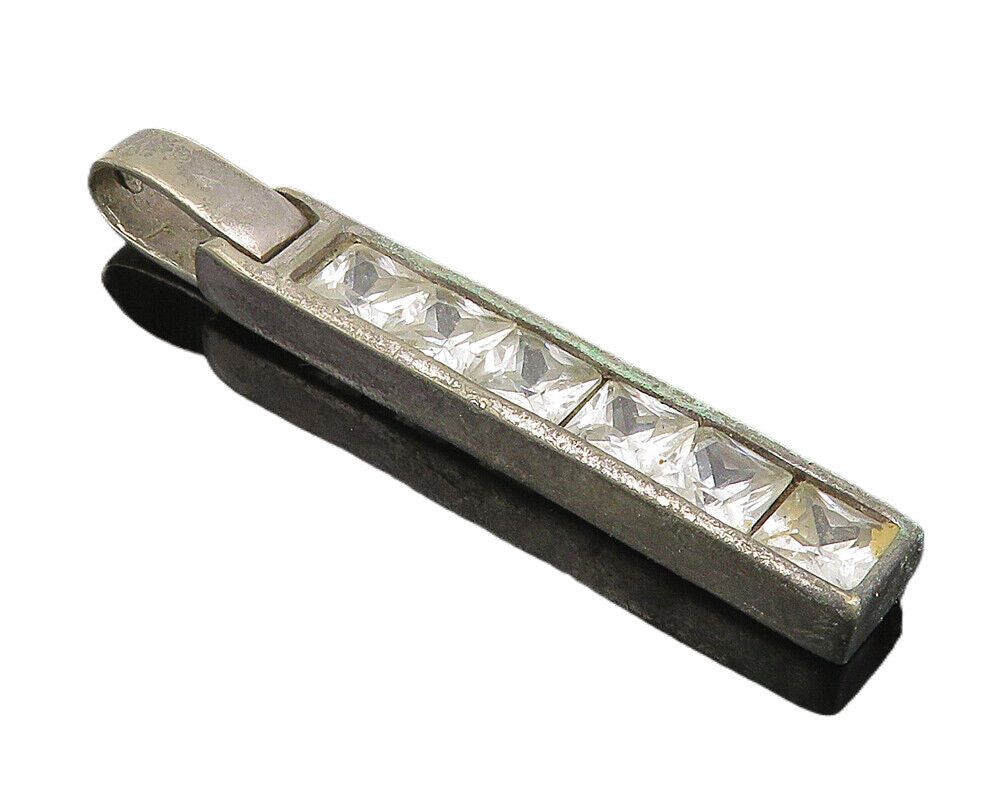 925 Sterling Silver  Vintage Cubic Zirconia Vertical Bar Drop Pendant  PT8288