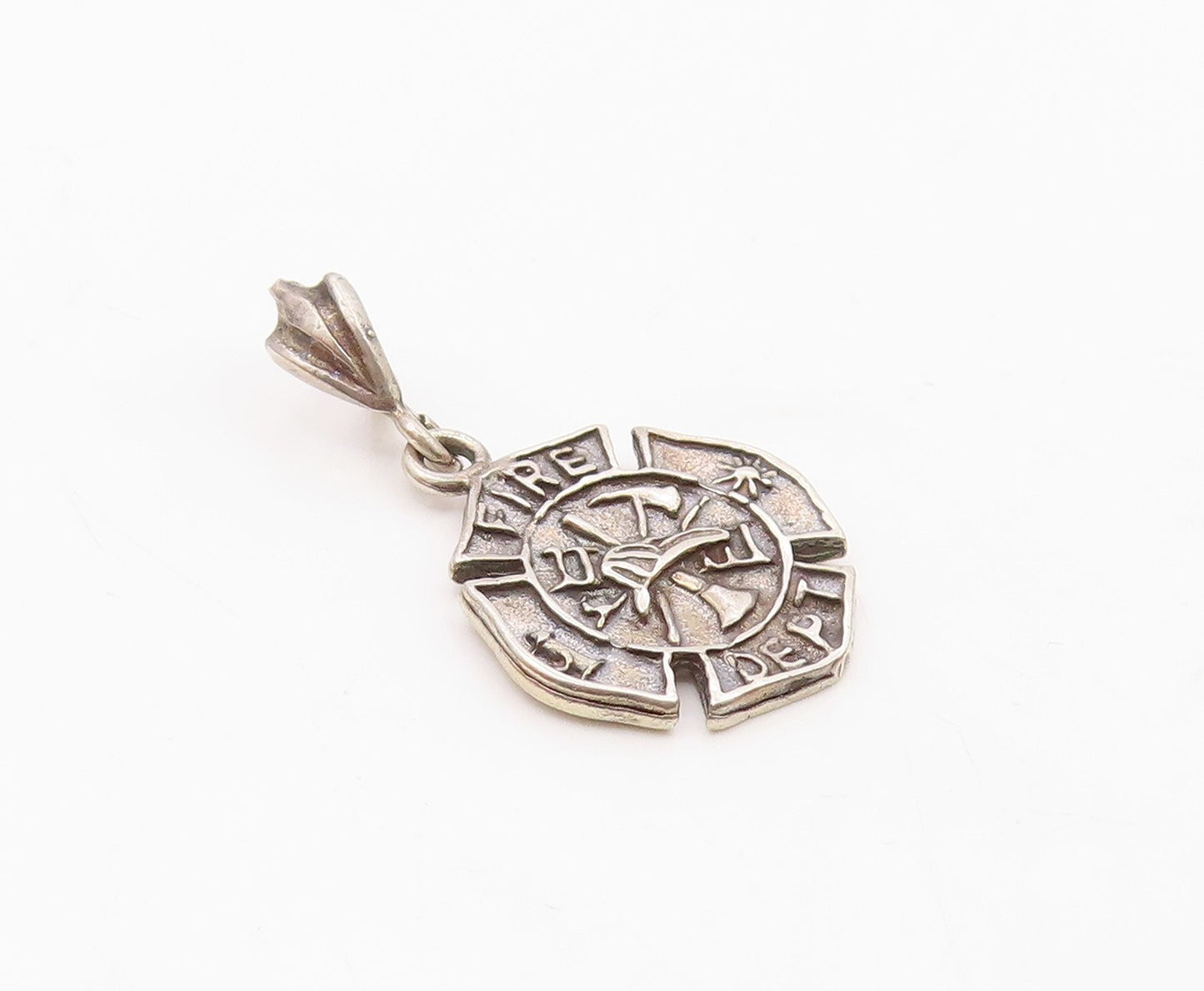 925 Sterling Silver  Vintage Fire Department Badge Medal Pendant  PT21123