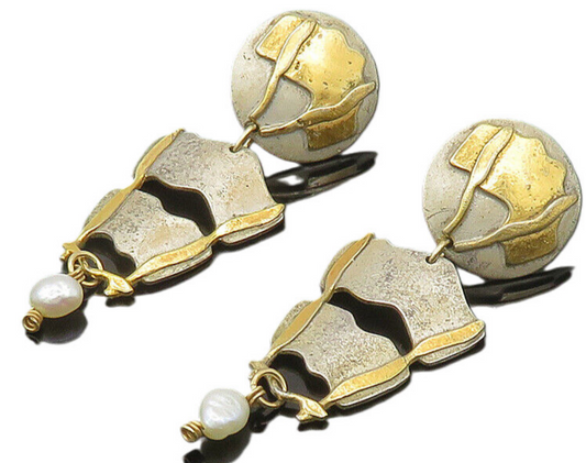 KW 925 Silver & 14K GOLD  Vintage Baroque Pearl 2 Tone Drop Earrings  EG10576