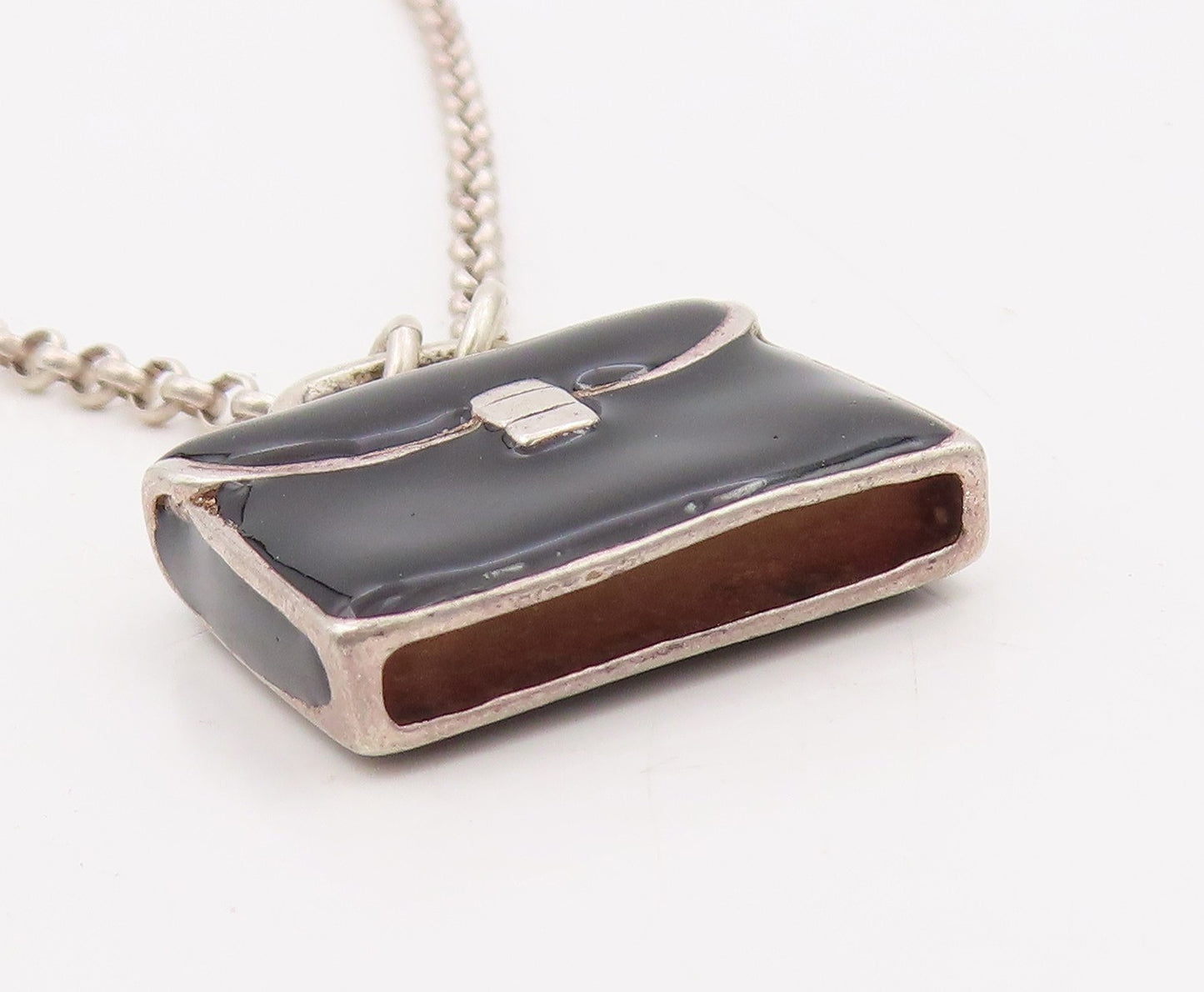 925 Sterling Silver Vintage Necklace Enameled Briefcase Charm Chain  NE4707