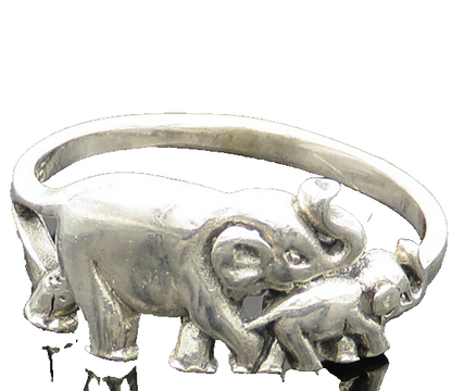 925 Sterling Silver  Vintage Shiny Elephant Mom & Baby Band Ring Sz 5  RG20988