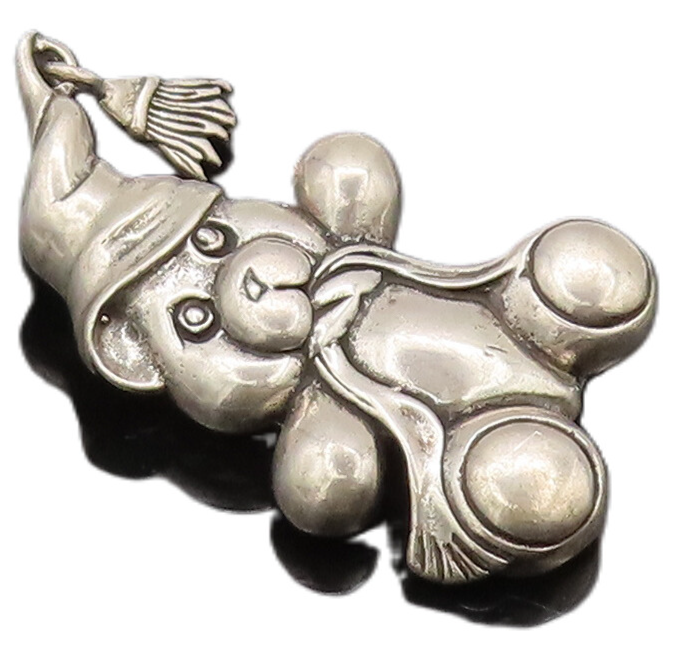 925 Sterling Silver Vintage Brooch Pin JEZ Carved Teddy Bear With Hat  BP10565