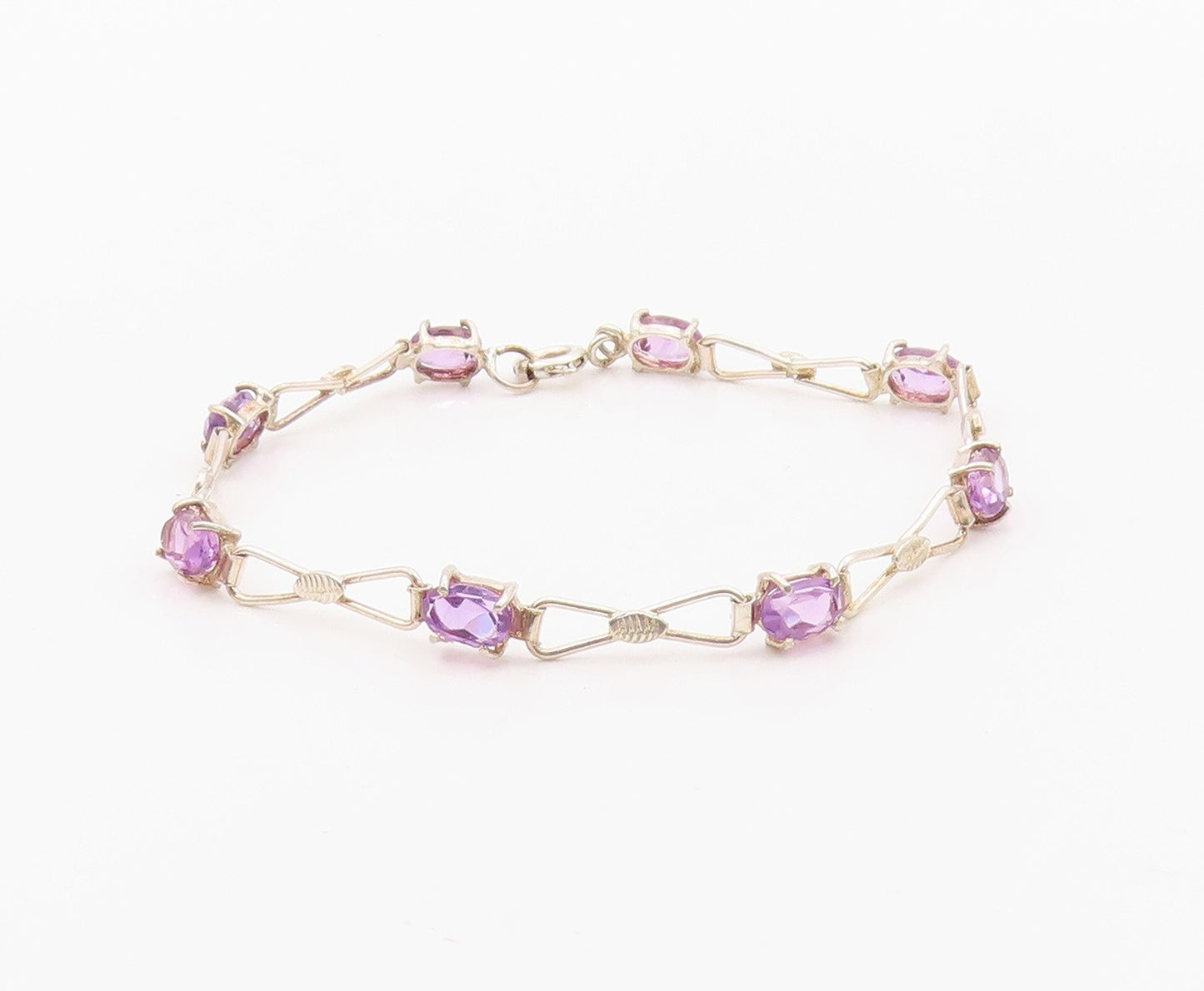 925 Sterling Silver Vintage Bracelet Elegant Amethyst & Ribbon Bow Link  BT12109