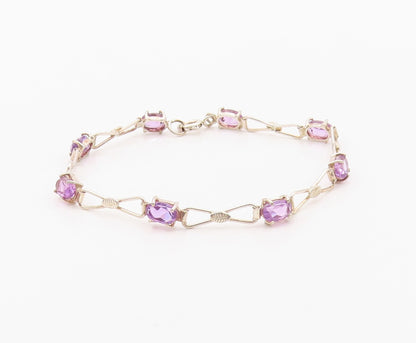 925 Sterling Silver Vintage Bracelet Elegant Amethyst & Ribbon Bow Link  BT12109