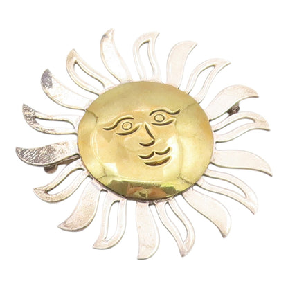 MEXICO 925 Sterling Silver  Vintage Shiny Two Tone Sun Face Brooch Pin  BP7963