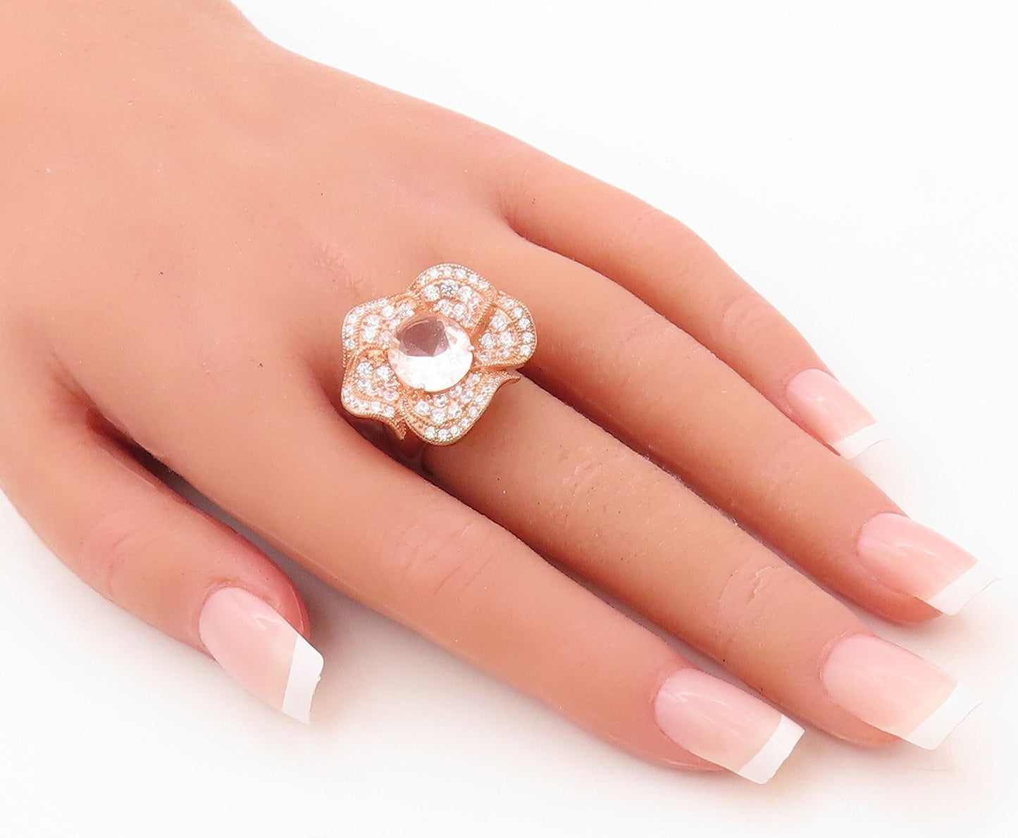 925 Sterling Silver Vintage Ring Rose Gold Plated CZ Inlay Flower  Sz 7  RG30684