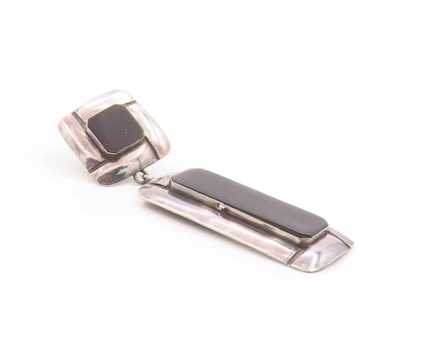 925 Sterling Silver Vintage Earrings Black Onyx Modern Geometric Dangle  EG13777