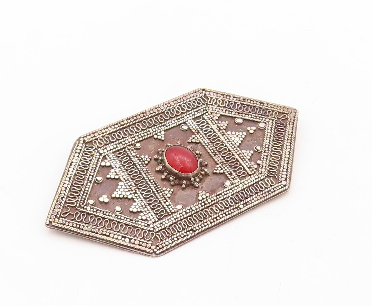 925 Sterling Silver Vintage Brooch Pin Antique Design Carved Gemstone  BP11268