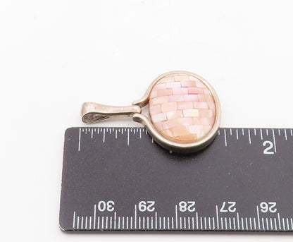 925 Sterling Silver  Vintage Mother Of Pearl Two Sided Oval Pendant  PT15687
