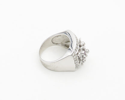 925 Silver  Cubic Zirconia Floral Motif Shiny Cocktail Ring Sz 9  RG19453