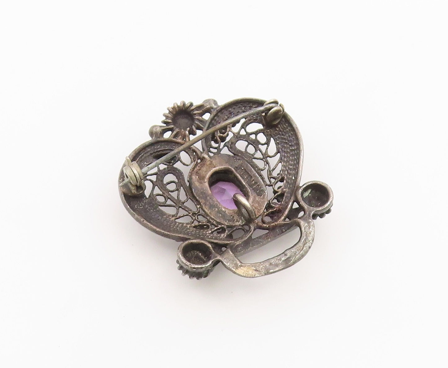 925 Sterling Silver Vintage Brooch Pin Classic Amethyst Floral Openwork  BP12588