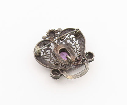 925 Sterling Silver Vintage Brooch Pin Classic Amethyst Floral Openwork  BP12588