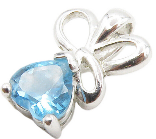 925 Sterling Silver  Blue Topaz Love Heart Shiny Ribbon Bow Pendant  PT11622