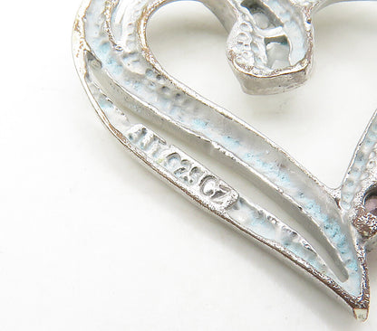 925 Sterling Silver  Vintage Pink Topaz Shiny Open Love Heart Pendant  PT13263