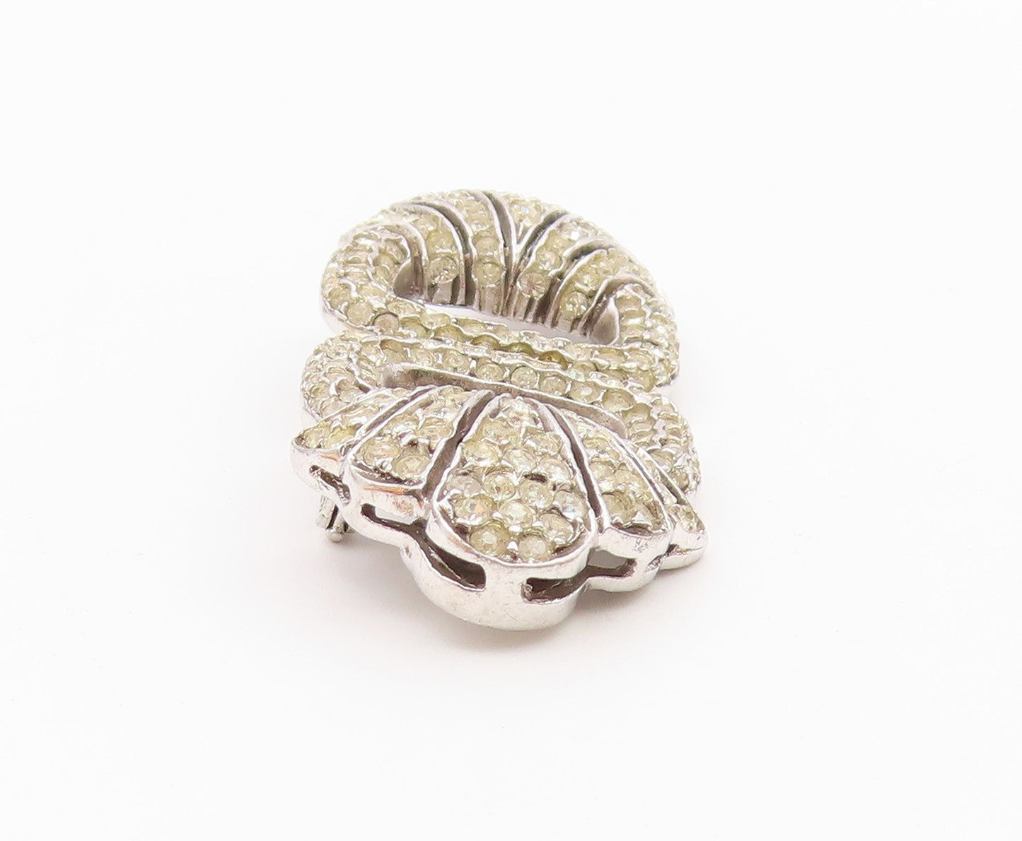 925 Sterling Silver  Vintage White Topaz Encrusted Open Brooch Pin  BP3345