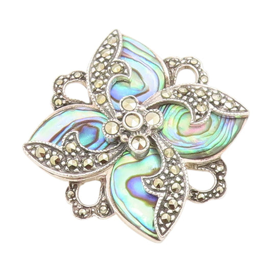 925 Sterling Silver Vintage Pendant Abalone & Marcasite Floral Charm Pin PT25785