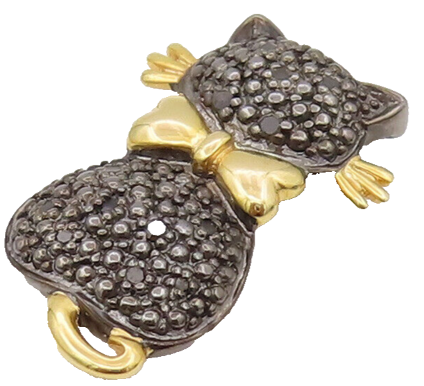 925 Sterling Silver  Vintage Black Diamond Two Tone Kitten Pendant  PT22195