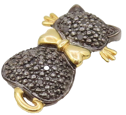 925 Sterling Silver  Vintage Black Diamond Two Tone Kitten Pendant  PT22195