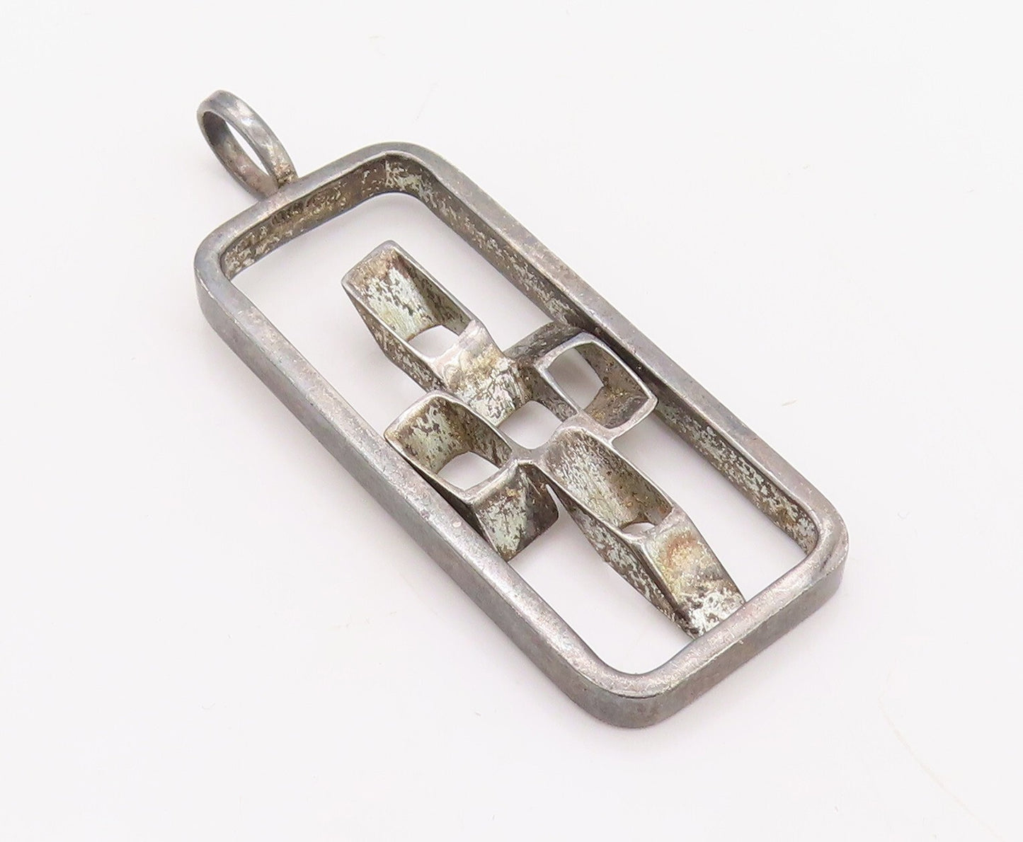 925 Sterling Silver Vintage Pendant Cutout Designer Cubical Cross  PT23529