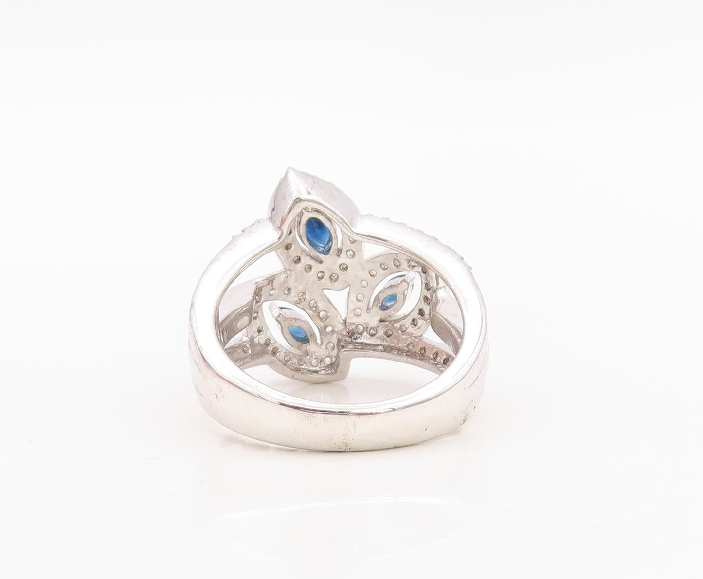 925 Sterling Silver Vintage Ring Modernist Floral Cut Sapphire & CZ Sz 7 RG30134