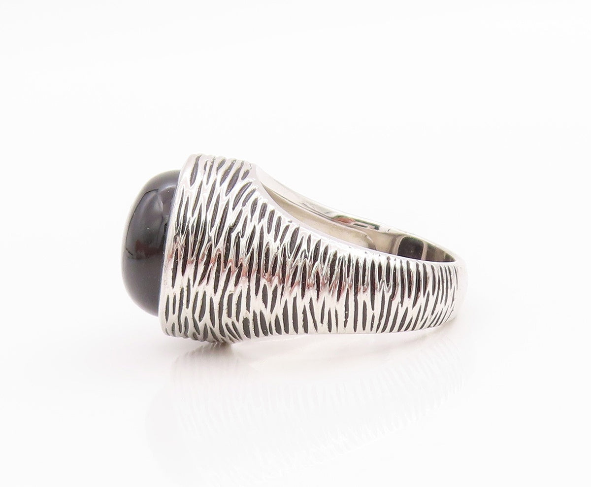 925 Sterling Silver Vintage Ring Grooved Cabochon Round Onyx  Sz 6.5  RG33178