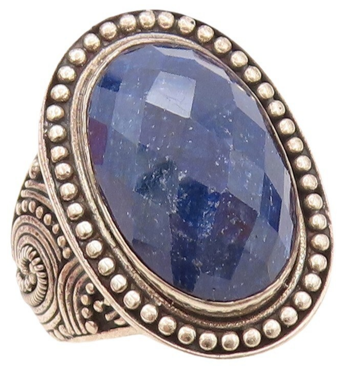 925 Sterling Silver Vintage Ring Oval Red Gemstone Halo Beaded Sz 8  RG30203