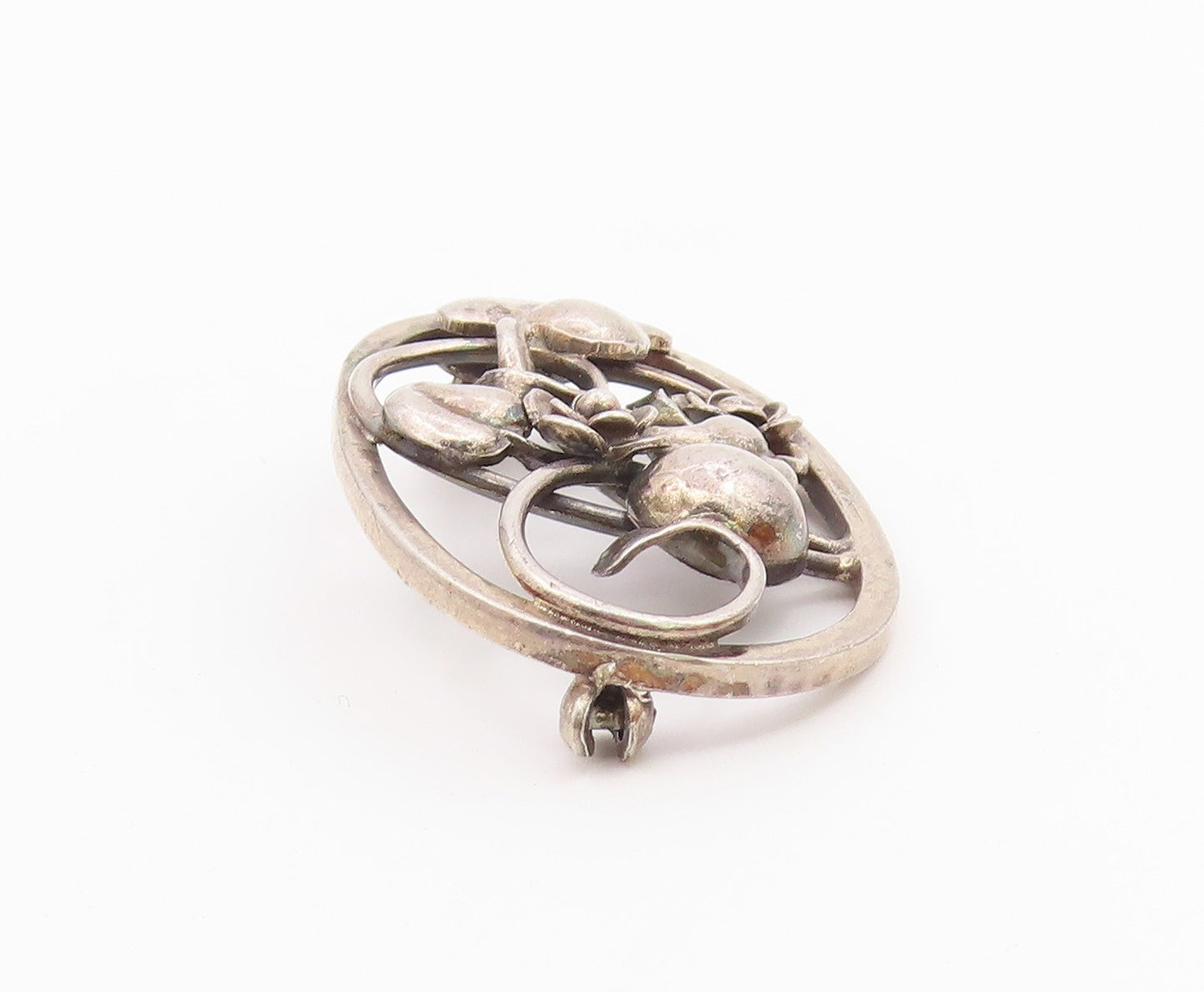 EUROPEAN 925 Sterling Silver Vintage Rose Flower Vine Cutout Brooch Pin BP9666