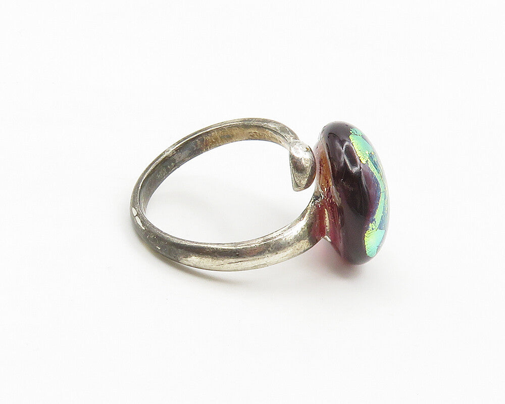 925 Sterling Silver  Vintage Dichroic Glass Bypass Band Ring Sz 6.5  RG17752